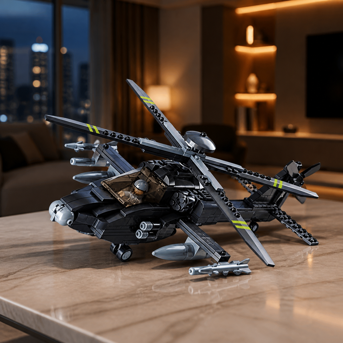 Elicopter Boeing AH-64 Apache (293 piese) - nou interior principal 10 - model de elicopter Boeing AH-64 Apache construit din pecișe de montat într-un interior urban de seară în tonuri de chihlimbar