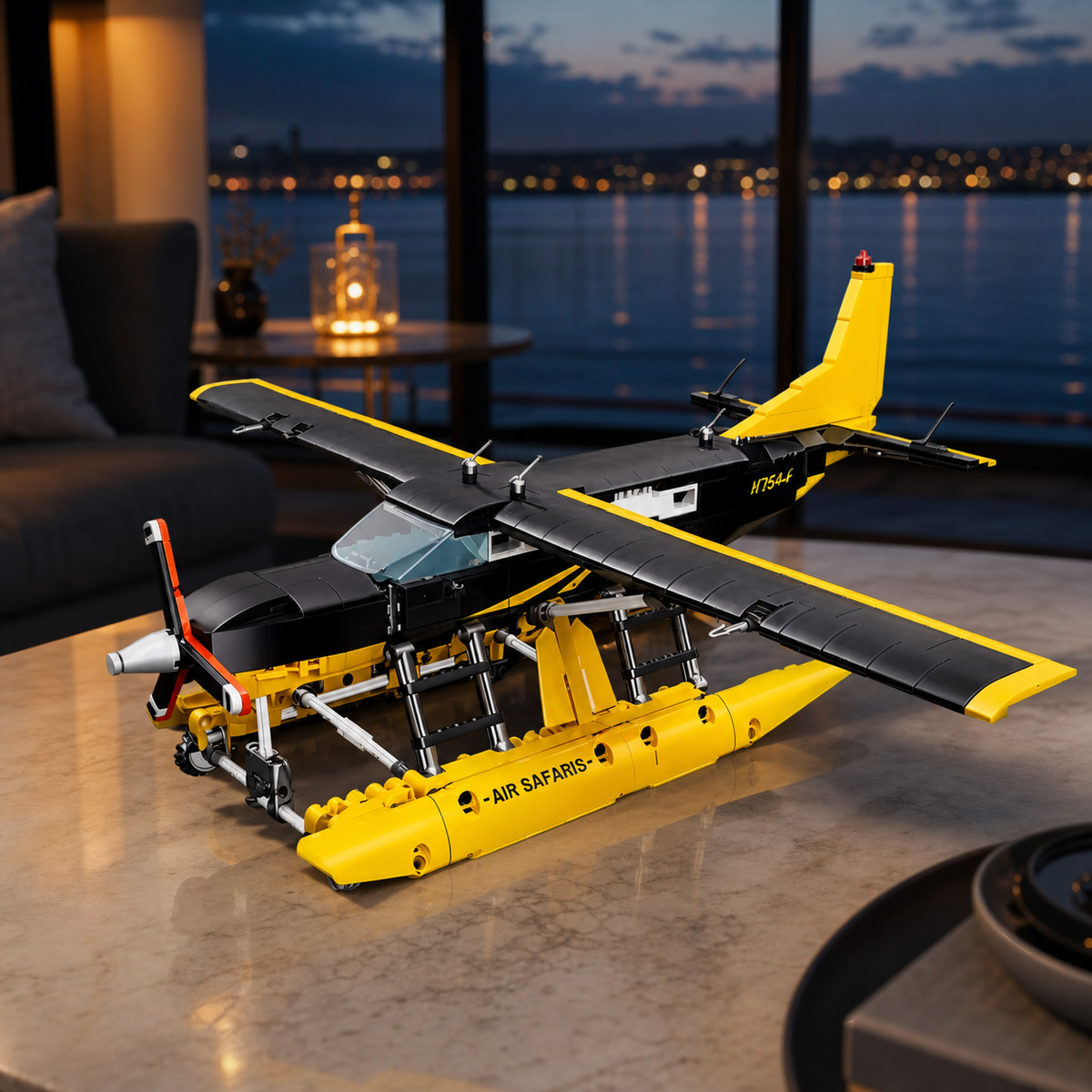 BF-445 Innenraum 10 - Wasserflugzeug-Baumodell in einem eleganten Abend-Interieur am Wasser