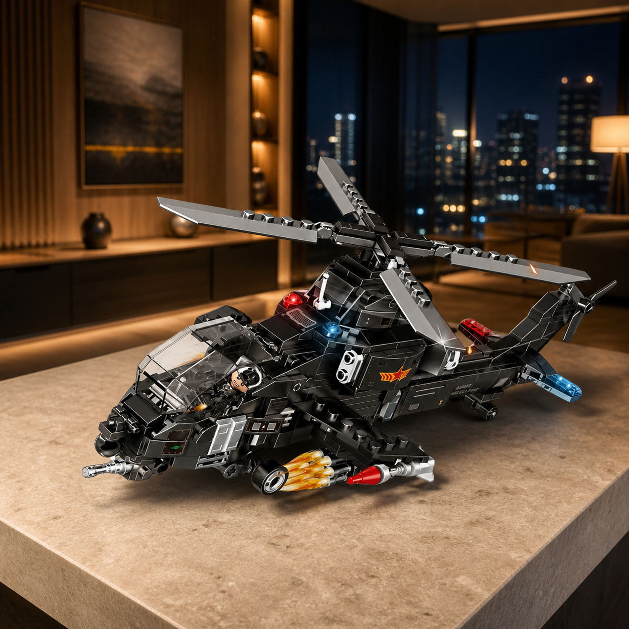 SWAT Helicopter (423 Pcs) - interior hero 10 - SWAT Helicopter brick model in an evening architectural apartment