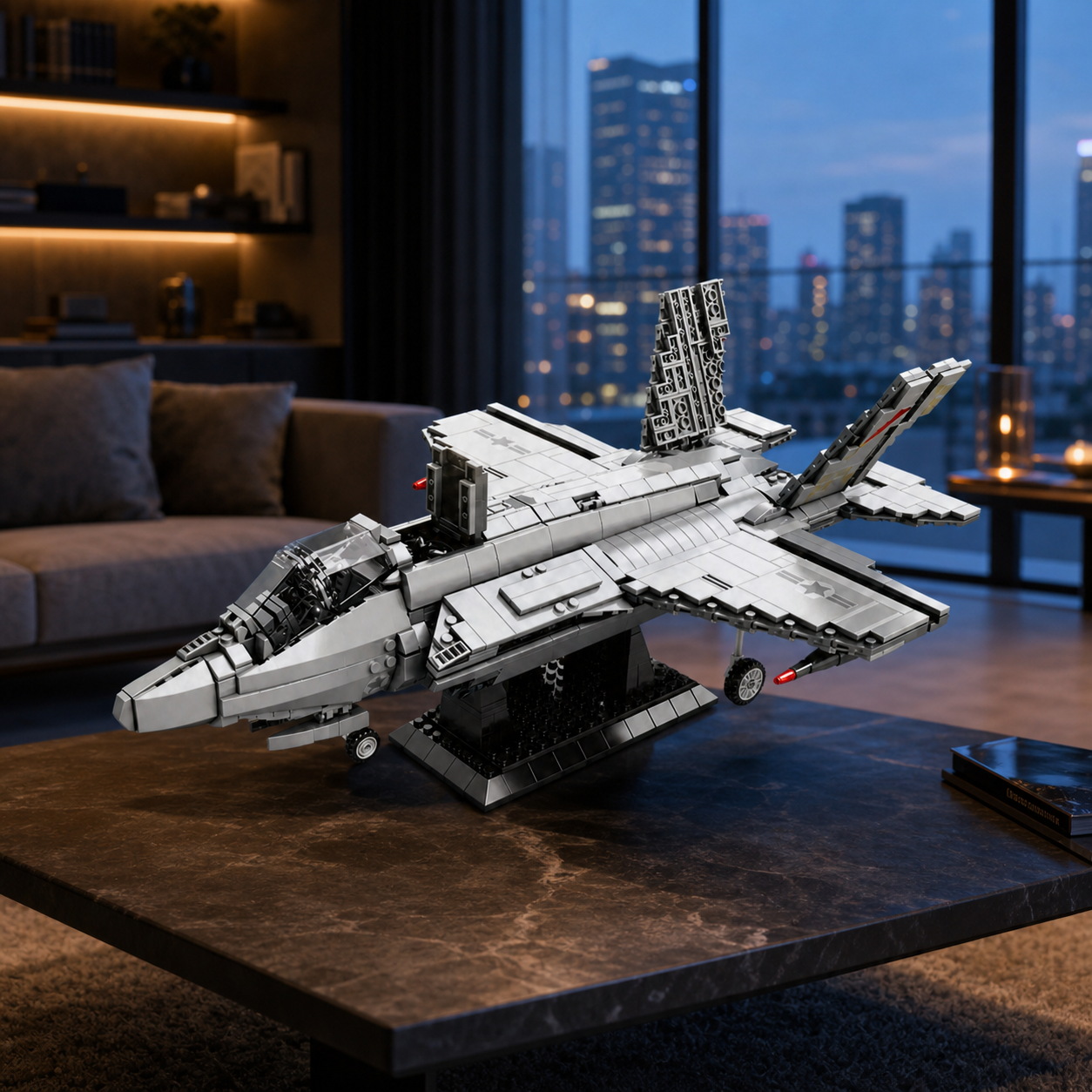 F-35 Fighter Jet construction-block model in an elegant evening city interior