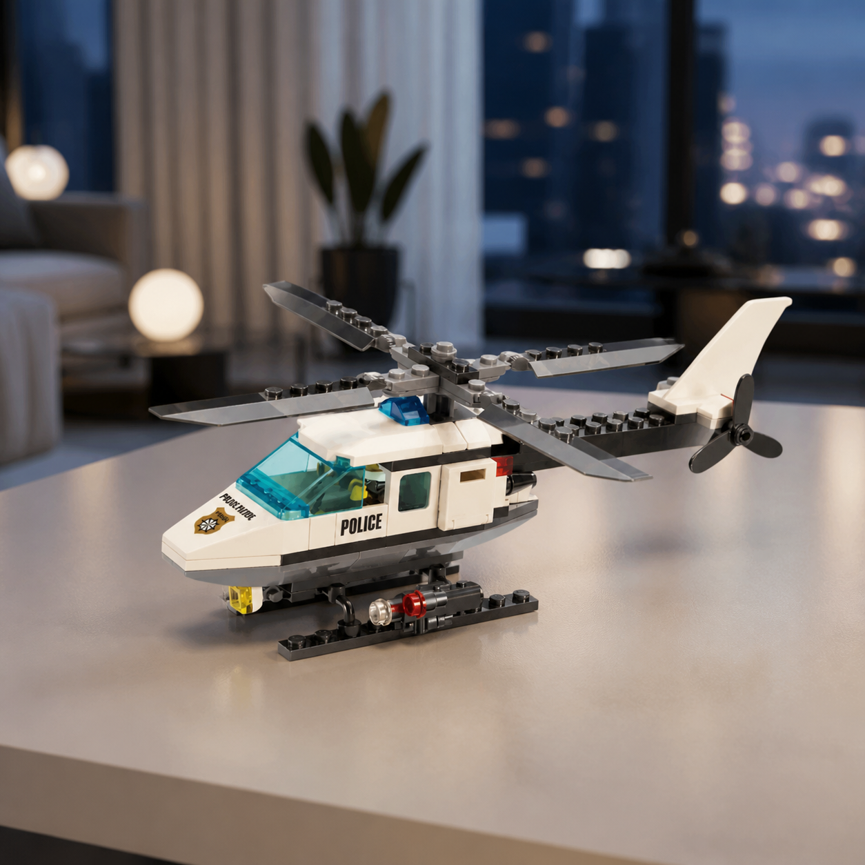 Police Helicopter (102 Pcs) - interior hero 10 - Police Helicopter brick model in an evening city interior