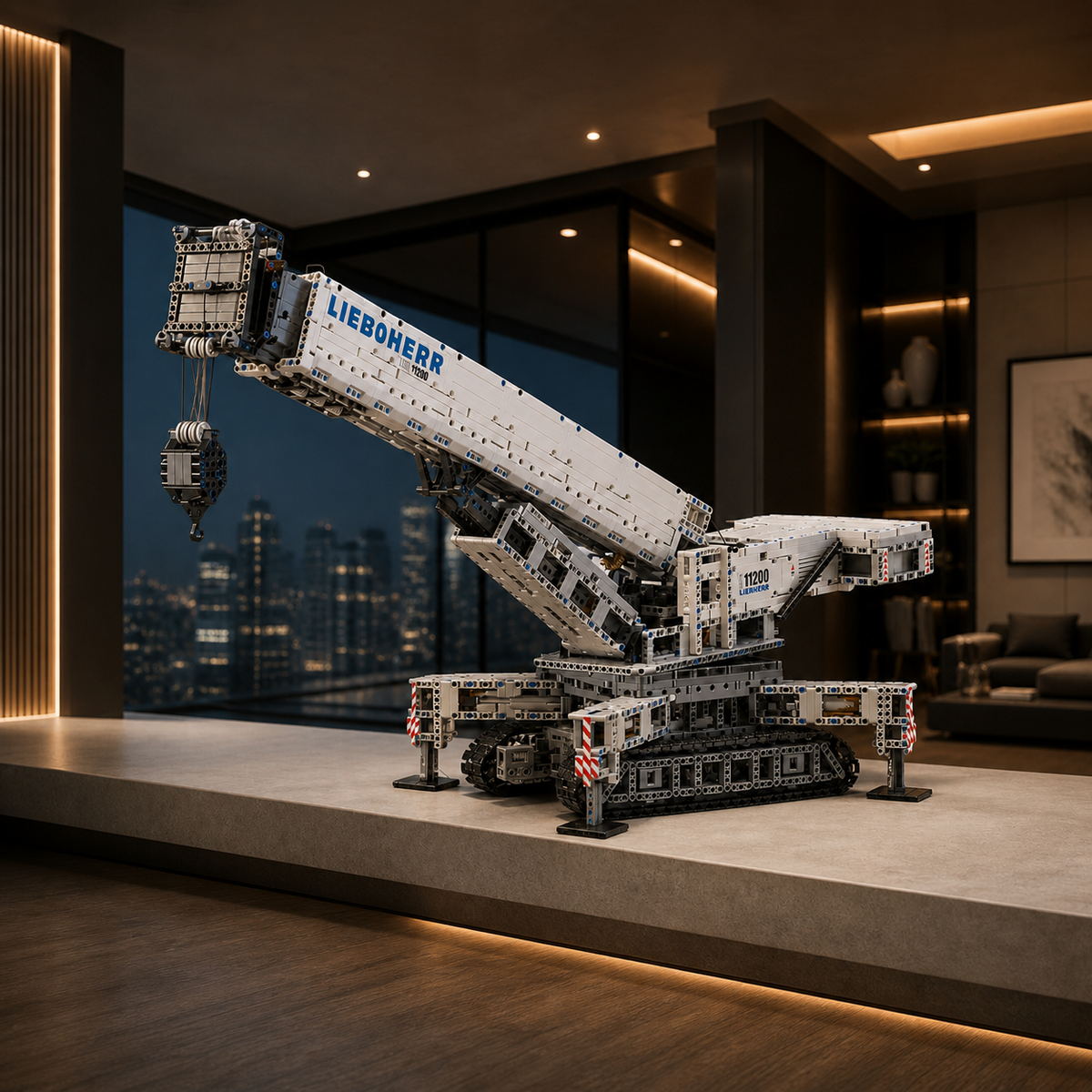 Detailed LEGO-style Liebherr crane model displayed on a pedestal in a modern interior.