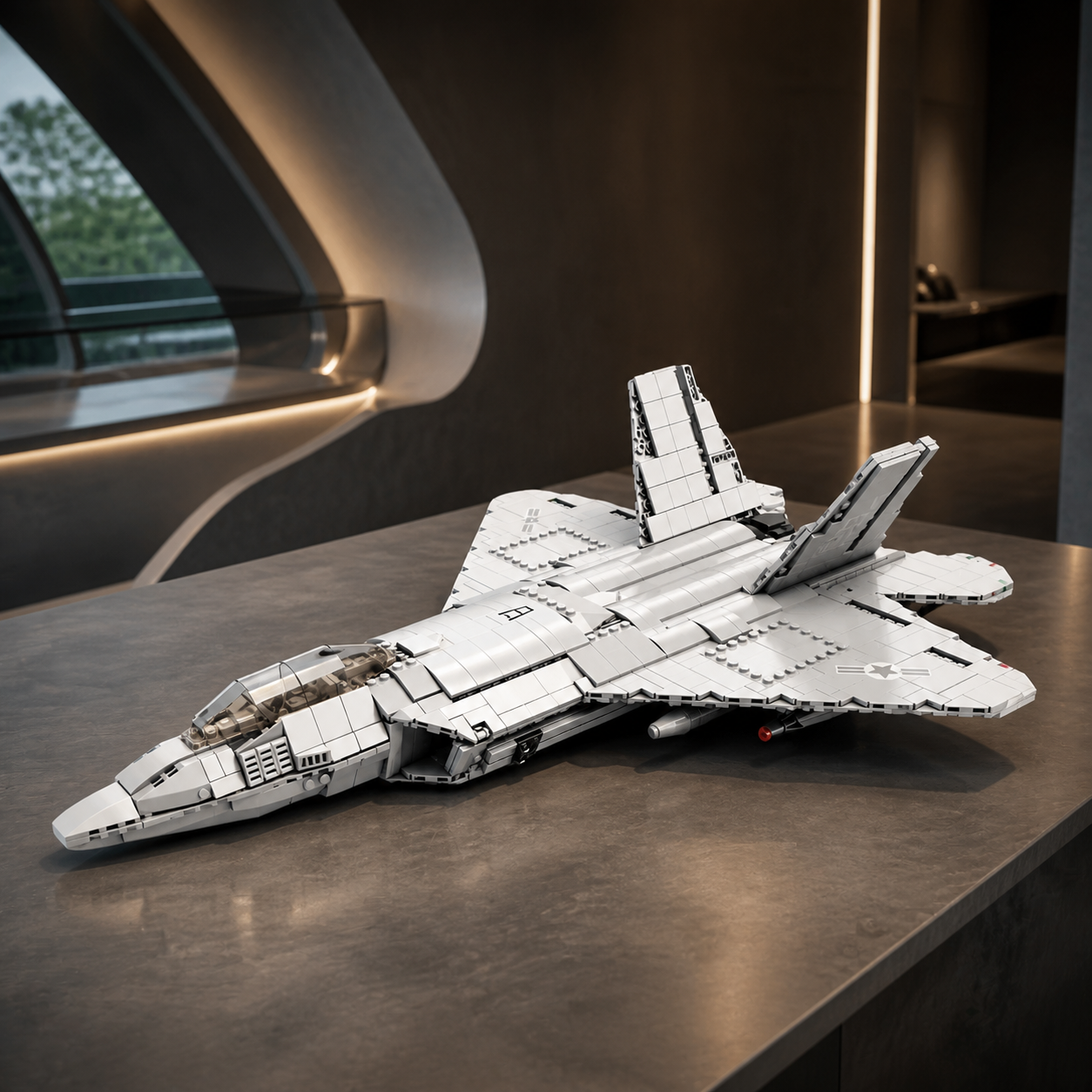 Bausteinmodell eines F-22-Kampfflugzeugs in einem futuristischen architektonischen Innenraum
