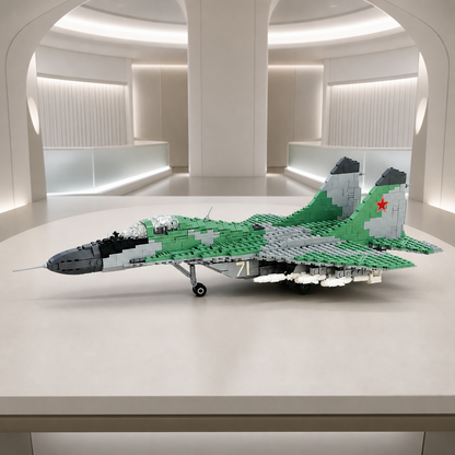 MIG-29-Bausteinmodell in einer futuristischen, hellen Galerie