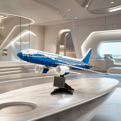 Bausteinmodell einer Boeing 787 Dreamliner in einem futuristisch-minimalistischen Interieur
