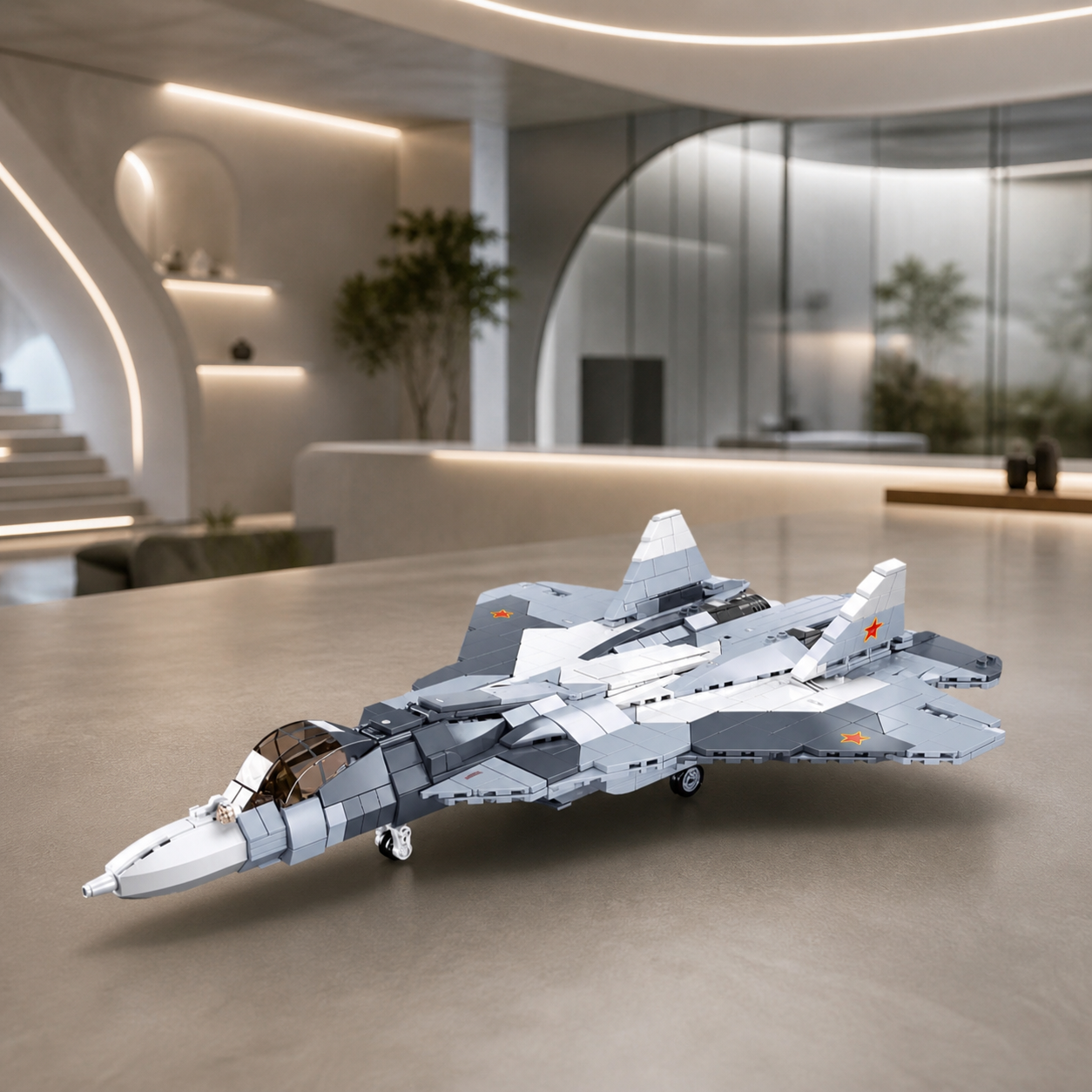 SU-57 construction-block model in a futuristic minimalist interior