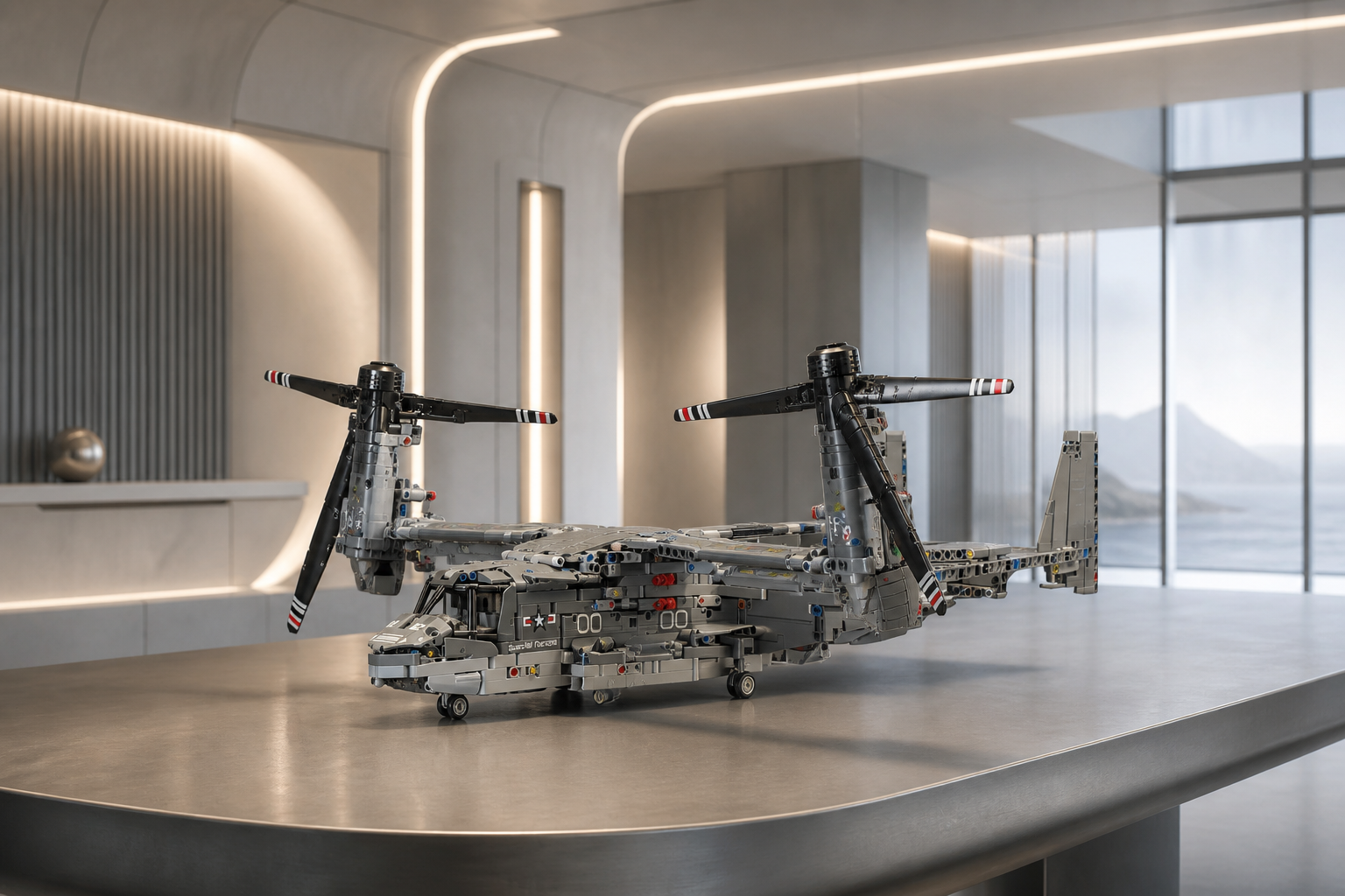 V-22 construction-block model in a futuristic minimalist interior