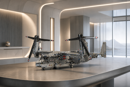 V-22 construction-block model in a futuristic minimalist interior