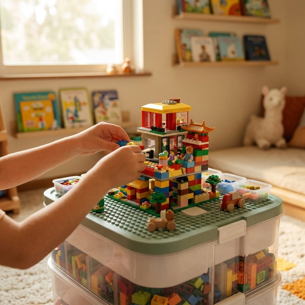Child assembling building blocks directly on baseplate lid in sunny Scandinavian room