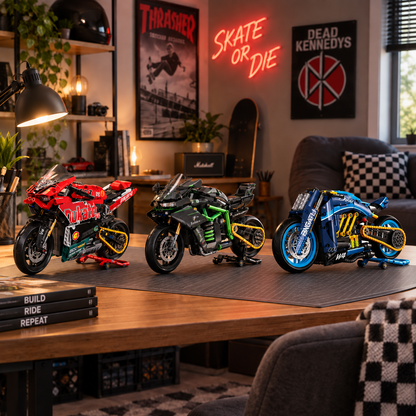 The three motorcycle models arranged on a hobby desk