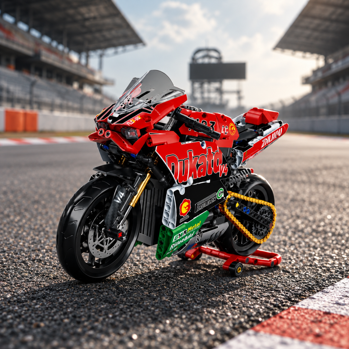 Superbike V4 brick-built motorcycle in a product display scene, gallery view 6