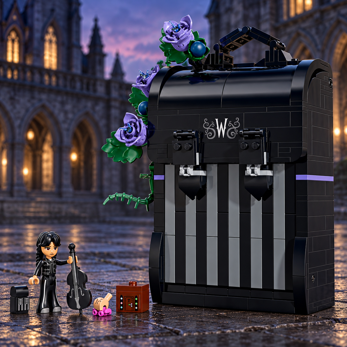 Scene 05: Wandinha's backpack in a gothic courtyard at twilight.