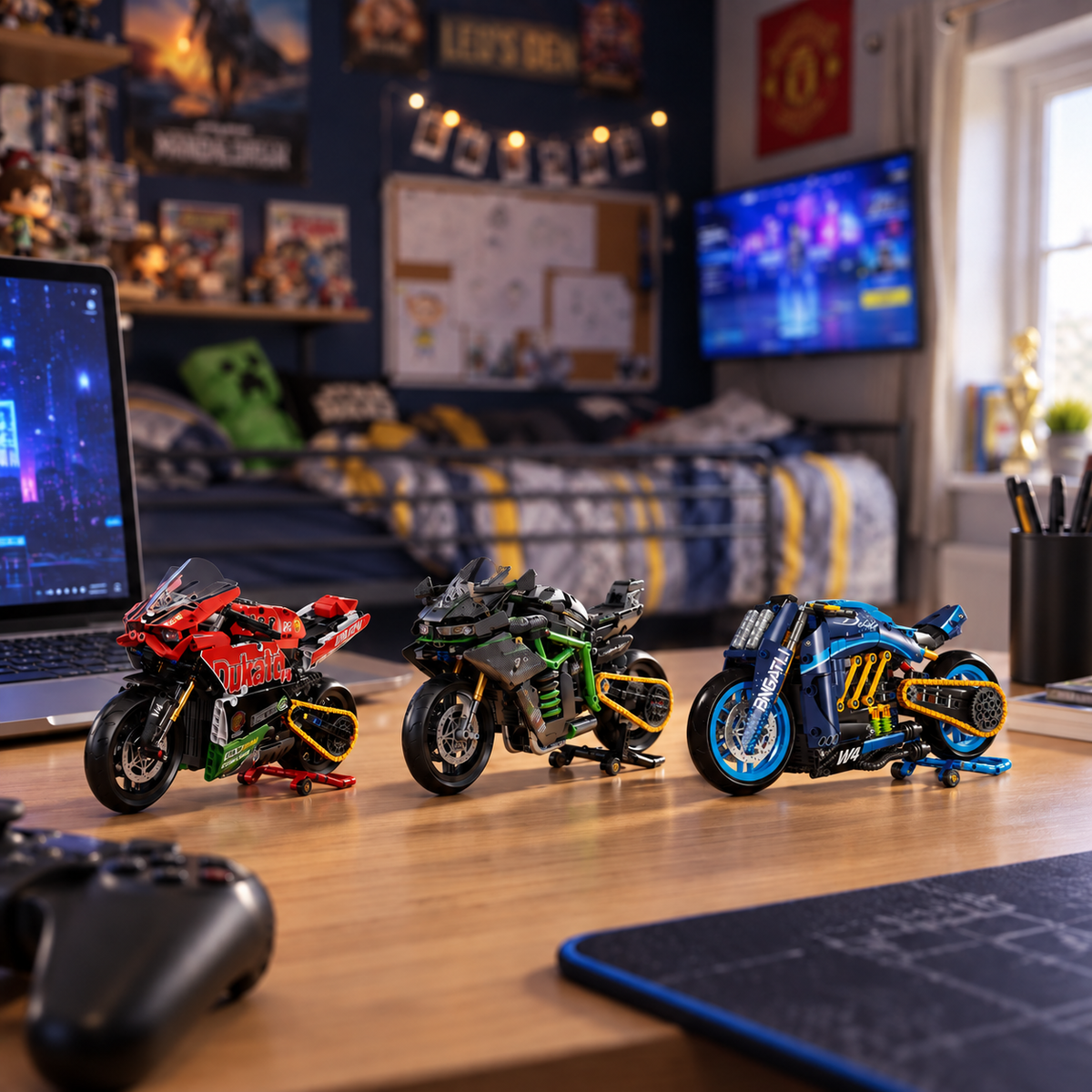 The three motorcycle models arranged in a refreshed gaming-room scene