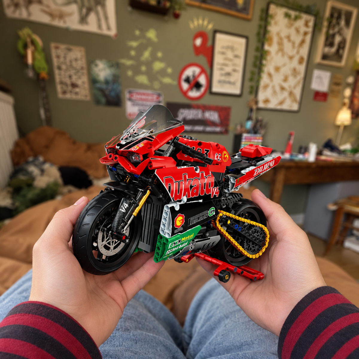 Superbike V4 brick-built motorcycle in a product display scene, gallery view 7