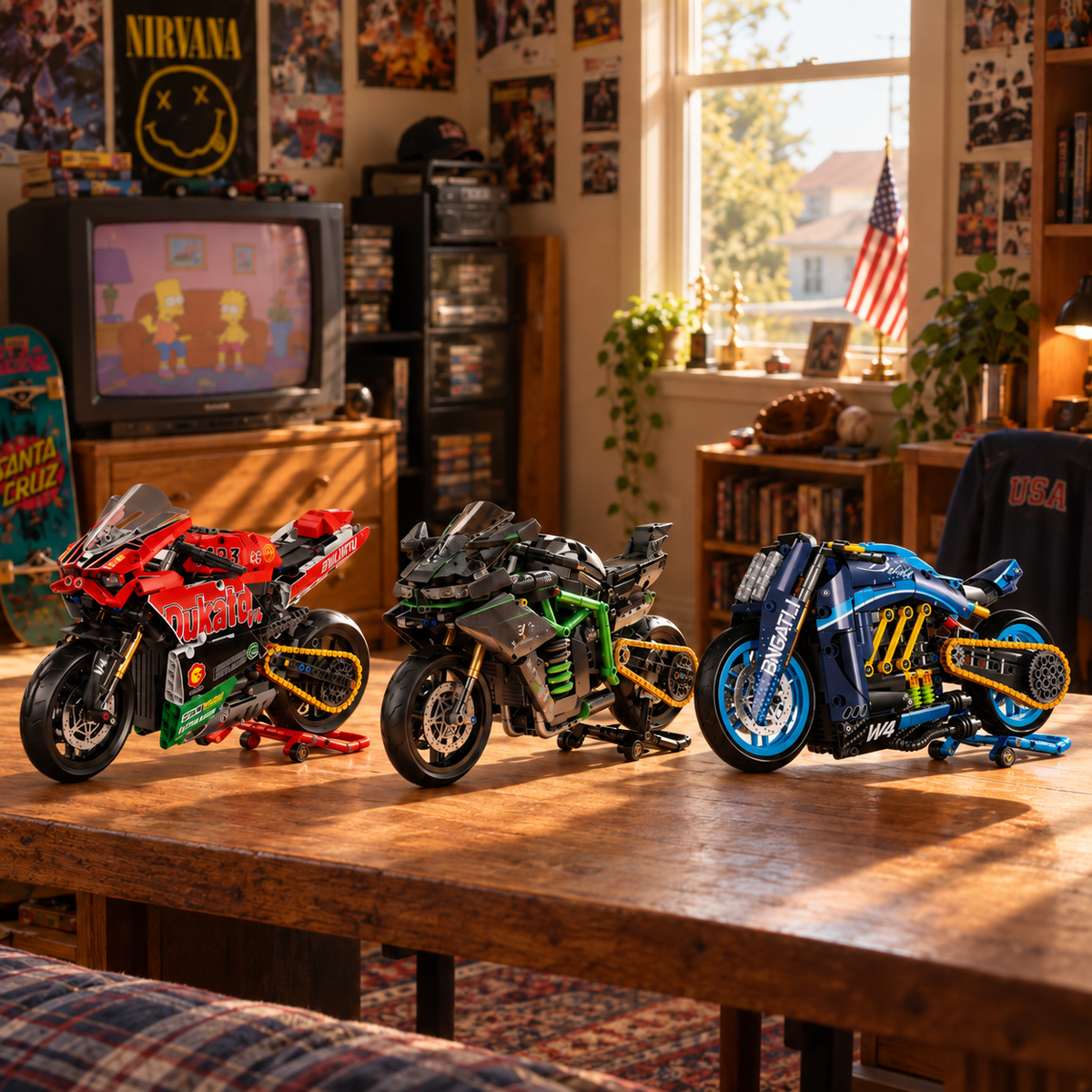 Superbike V4, Hyperbike Ninja H2R and Cruiser Diavel models in a retro-themed room