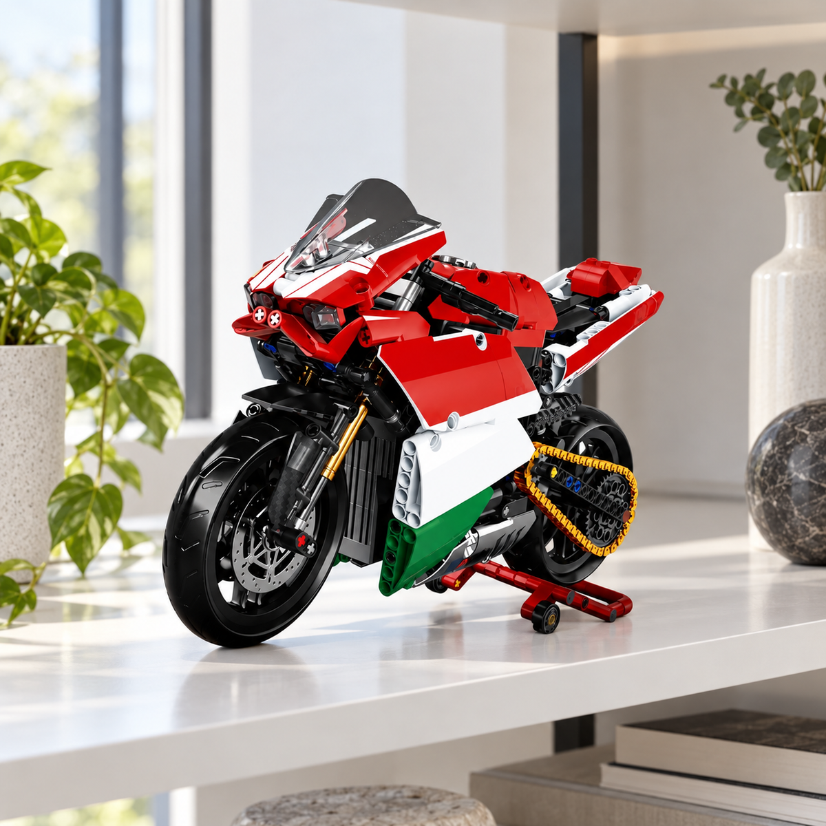 Superbike V4 brick-built motorcycle in a product display scene, gallery view 8