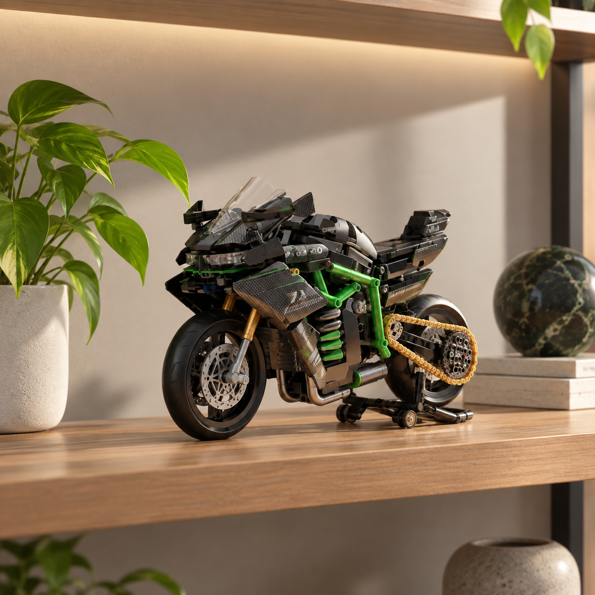 Superbike V4 brick-built motorcycle in a product display scene, gallery view 10
