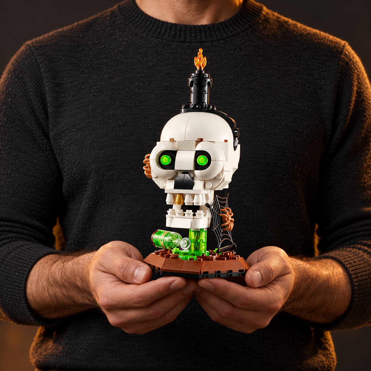 Halloween: Caveira à Vela (204 peças): pessoa segurando o modelo em escala real.