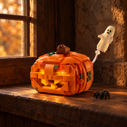 Halloween: Lanterna de Abóbora (323 peças): cena ambientada, sala rustica luz baixa.