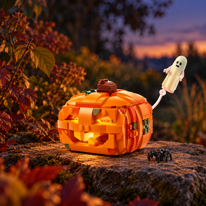 Halloween: Lanterna de Abóbora (323 peças): cena ambientada, jardim outonal anoitecer.