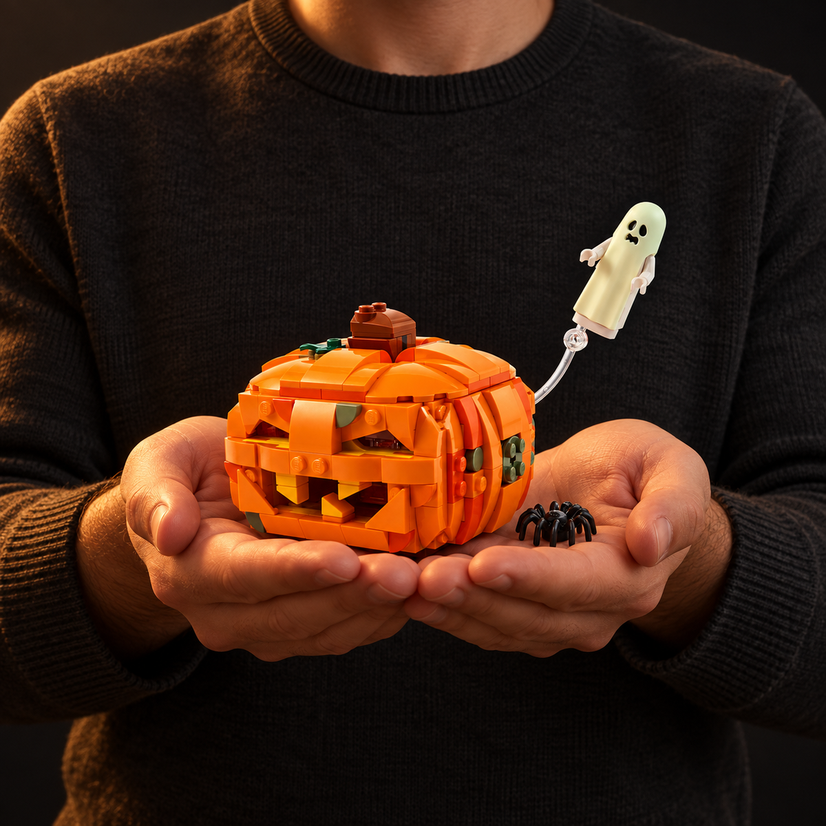 Halloween: Lanterna de Abóbora (323 peças): pessoa segurando o modelo em escala real.