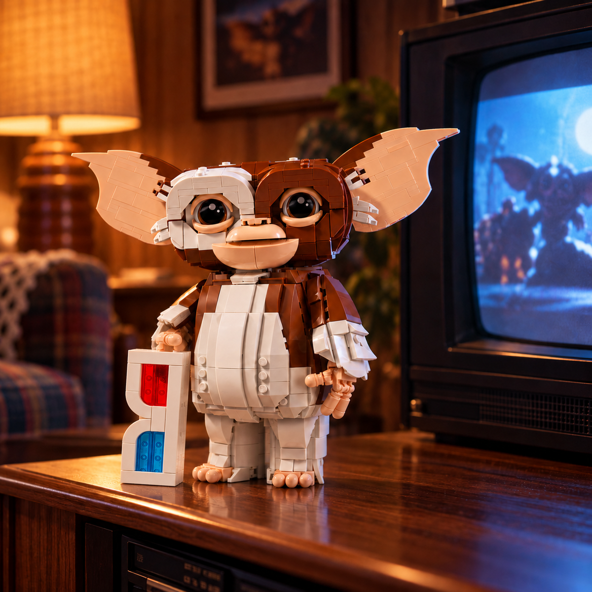 Gremlins: Gizmo (1.125 peças): cena ambientada, sala tv retro.
