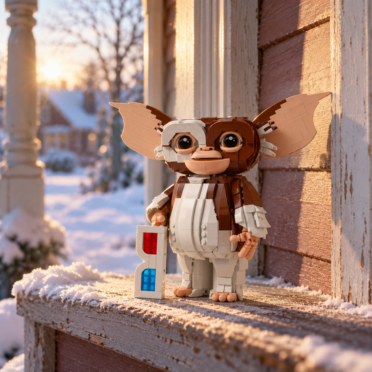 Gremlins: Gizmo (1.125 peças): cena ambientada, varanda nevada.