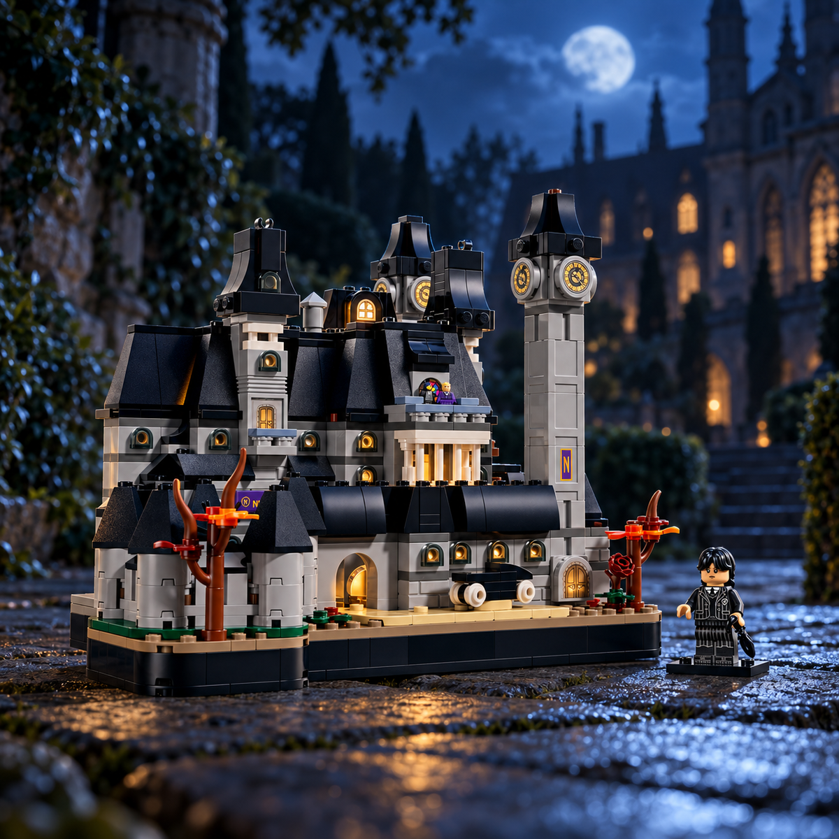 Wandinha: Academia Nevermore (890 peças): cena ambientada, jardim noturno.