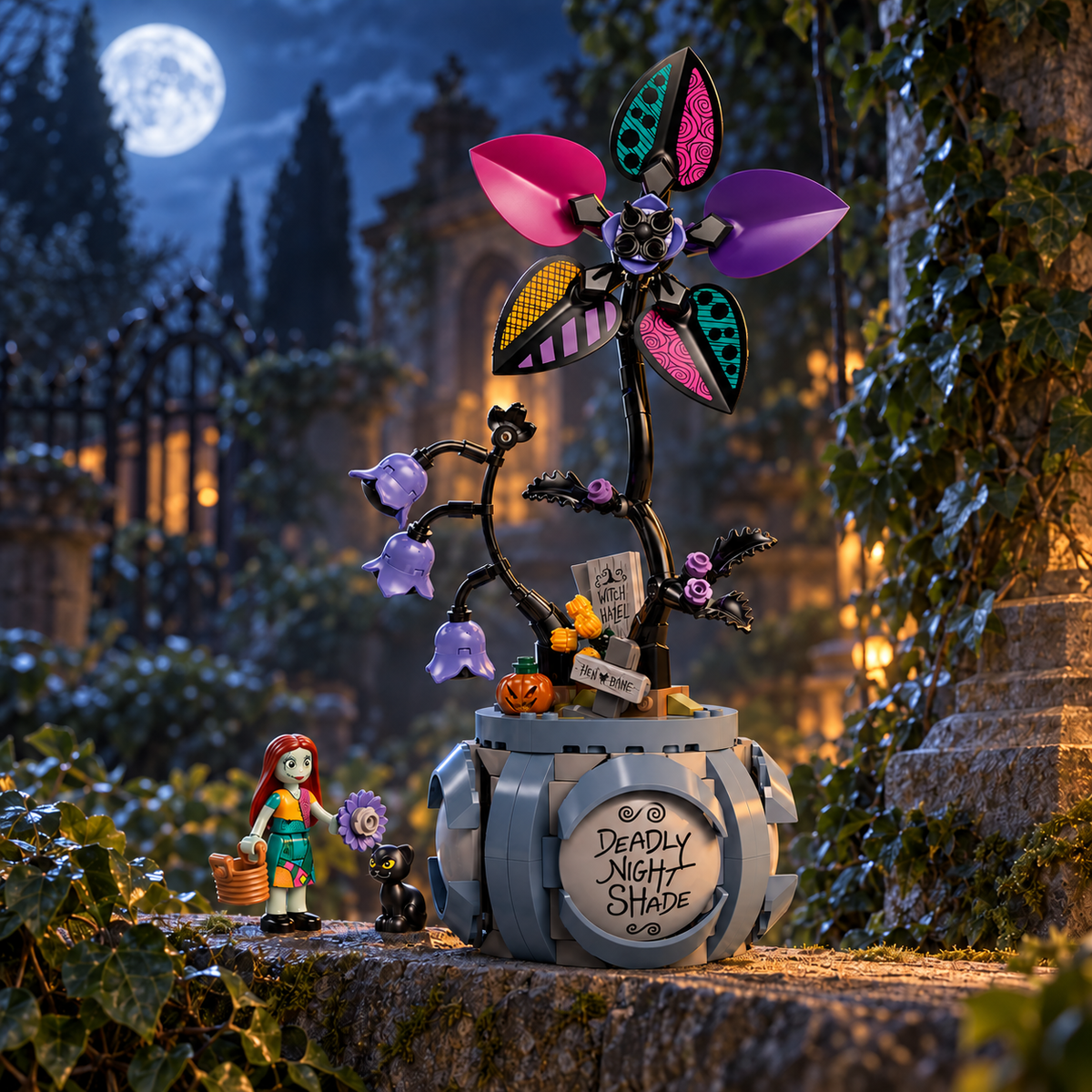 Vaso de Flores da Sally (346 peças): cena ambientada, jardim crescido luar.