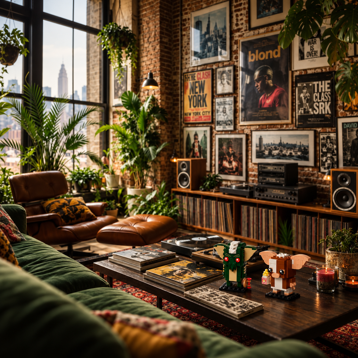 Cena ambientada 02: Gizmo e Stripe LEGO em sala de estar com discos e plantas.