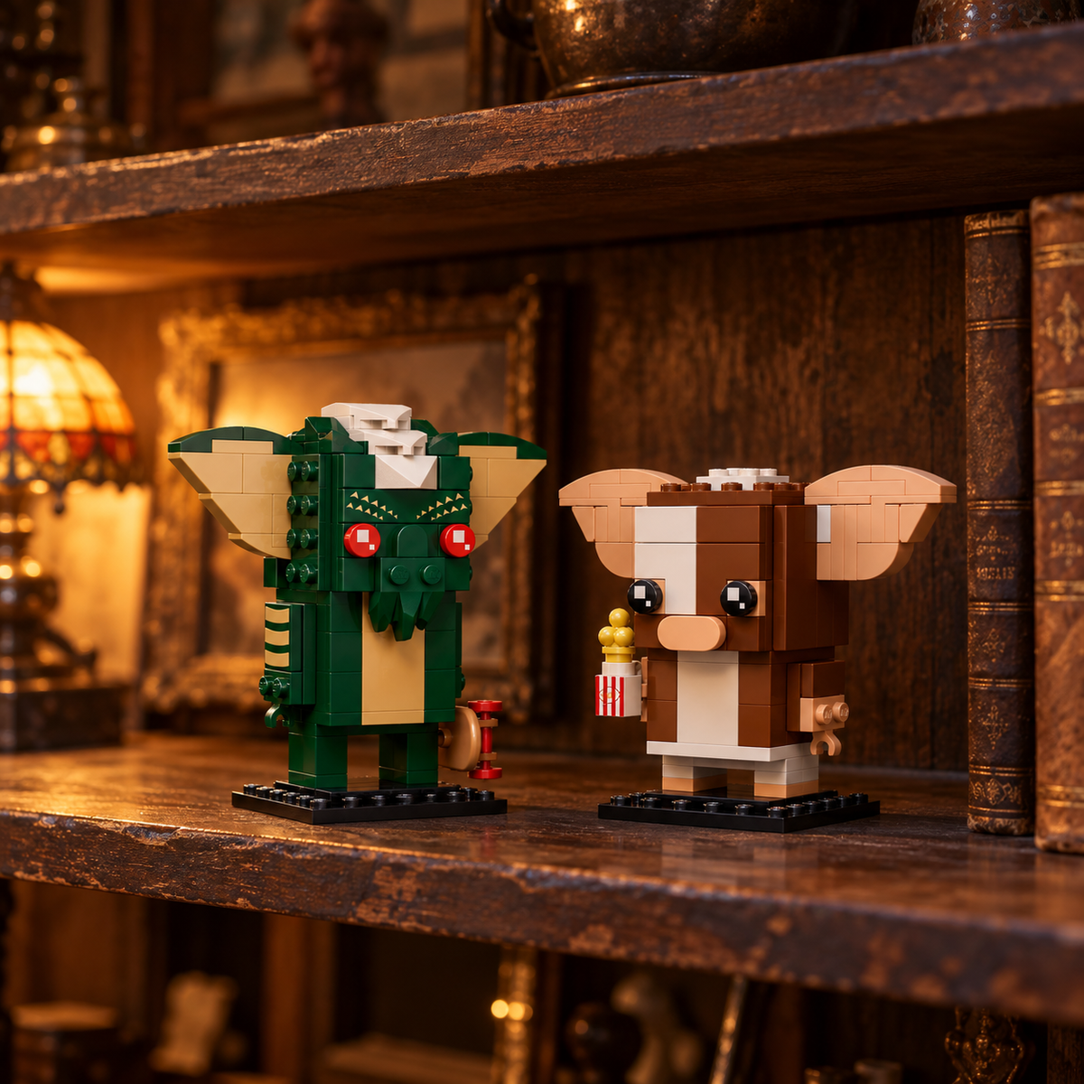 Gremlins - Figuras de Gizmo e Stripe (230 peças): cena ambientada, loja antiguidades.