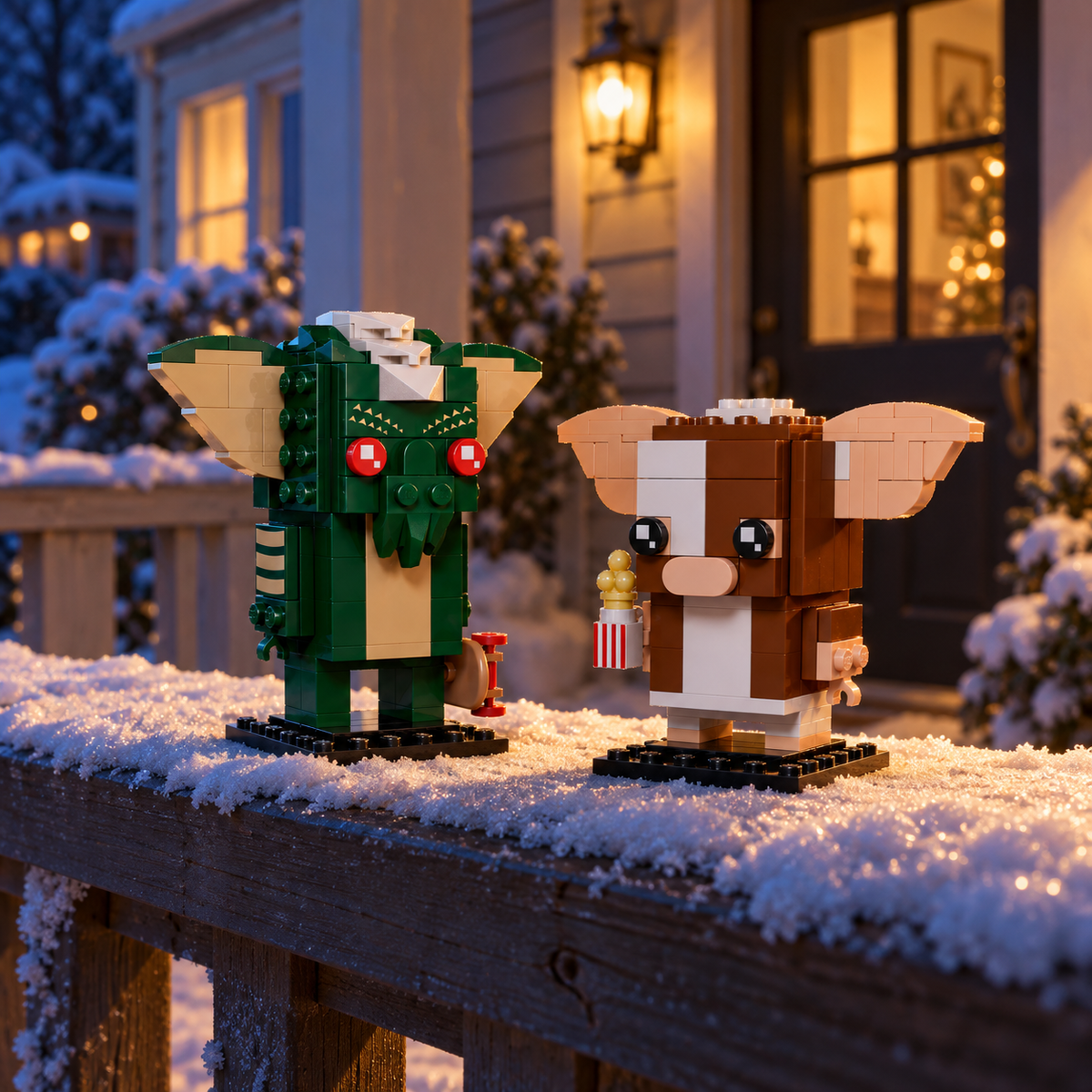 Gremlins - Figuras de Gizmo e Stripe (230 peças): cena ambientada, varanda nevada.