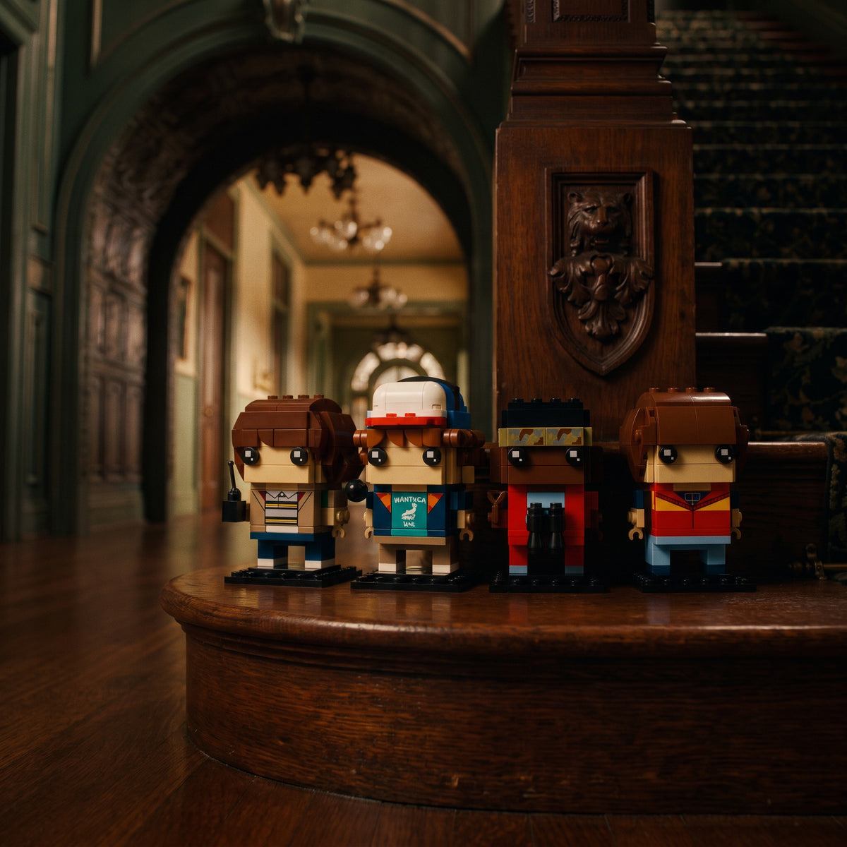 Brick-built Mike, Dustin, Lucas and Will from Stranger Things on a wooden stair step beside a carved newel post in a dark mansion hallway