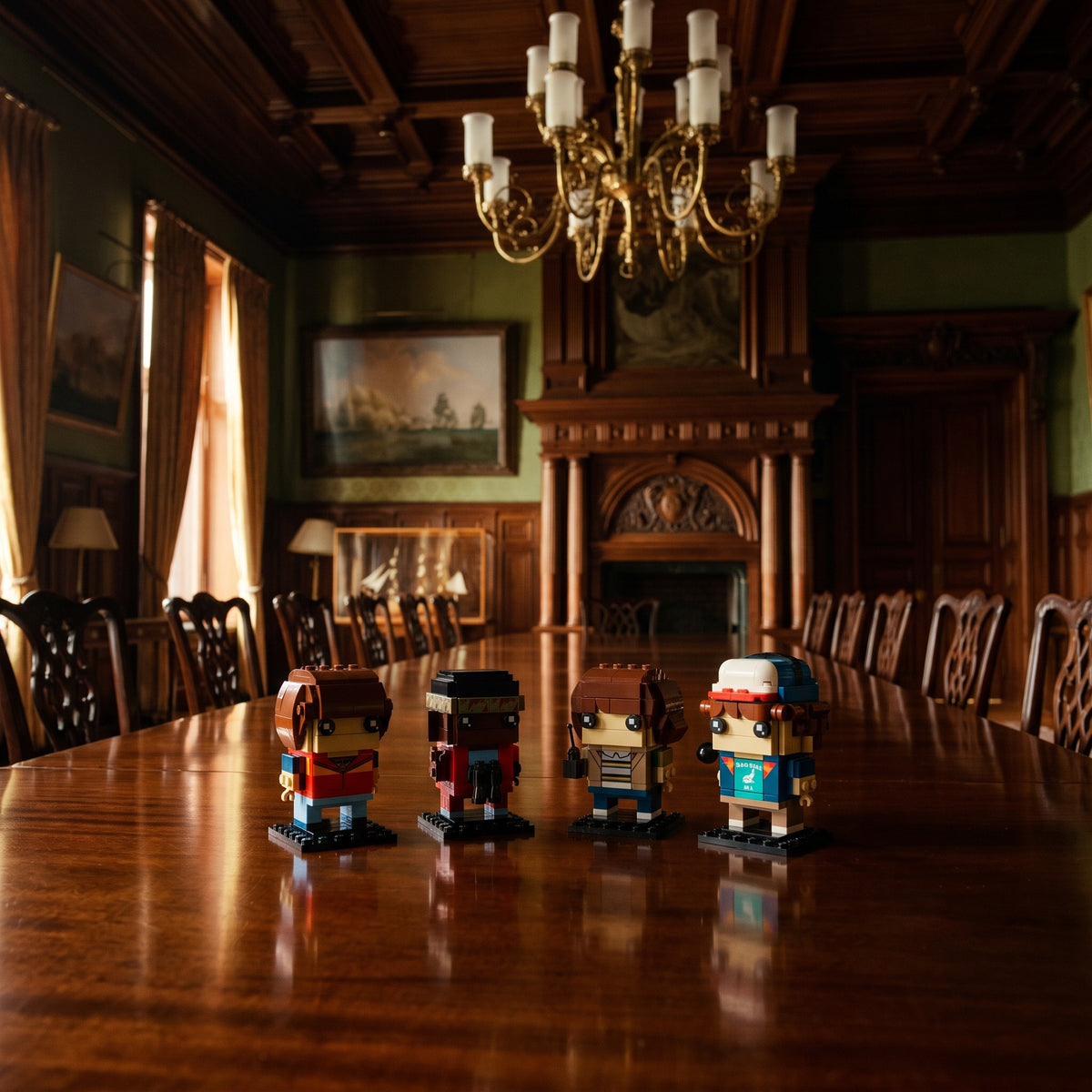 Brick-built Mike, Dustin, Lucas and Will from Stranger Things on a polished mahogany dining table in a classic dining room