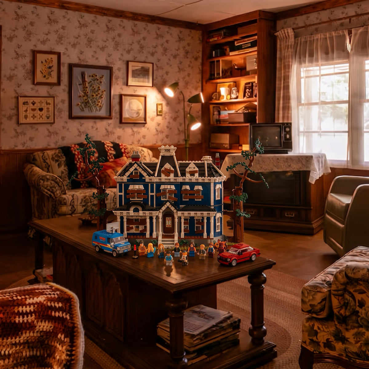 Brick-built Creel House from Stranger Things on a coffee table in a cosy 80s living room