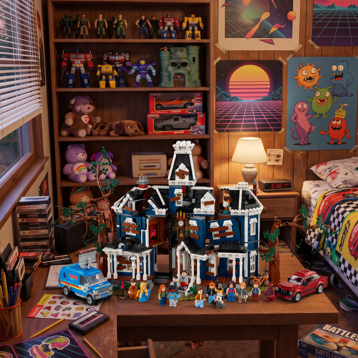 Brick-built Creel House from Stranger Things on a desk in an 80s kid's bedroom