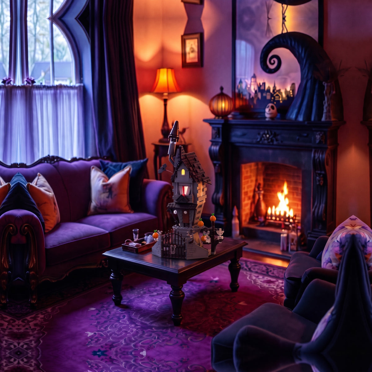 Brick-built Jack's House from The Nightmare Before Christmas on a coffee table in a purple gothic living room beside a lit fireplace