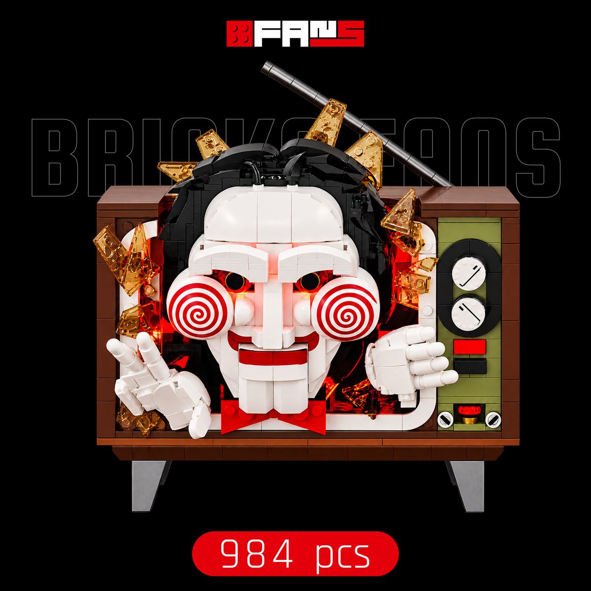Black-background cover showing the 984-piece build and its components.