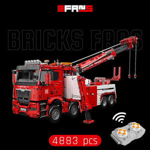 Remote controlled red building brick crane truck model with 4883 pieces