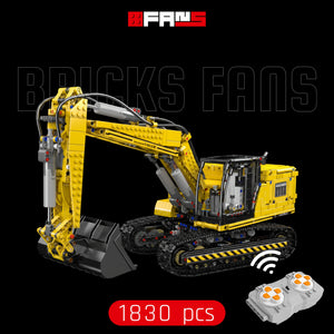 Detailed yellow building block excavator model with remote control, 1830 pieces.