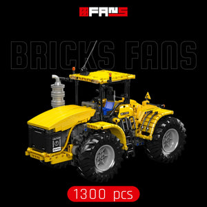 Yellow brick-built tractor model with 1300 pieces against a black background.