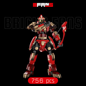 Set de construcție cu robot samurai roșu și auriu din pecișoare, cu 756 de piese, pe fundal negru.