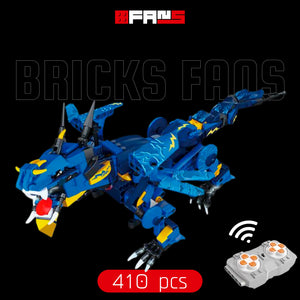 Set di costruzione di dinosauro robotico motorizzato blu con telecomando e 410 pezzi.