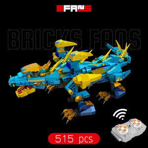 Blue and yellow remote-controlled building block dragon toy with 515 pieces.
