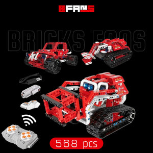Remote-controlled red brick-built tracked vehicle set with 568 pieces and a controller.