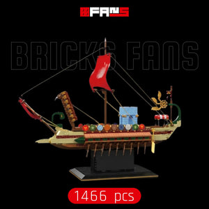 Detailed brick-built ancient sailing ship model on a display stand, 1466 pieces.