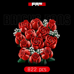 Un ramo de rosas rojas construidas con pecinhas y pequeñas flores blancas, 822 piezas.
