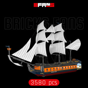Detailed brick-built Imperial Frigate sailing ship model with white sails and 3580 pieces.