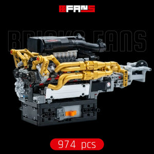 Modelo detalhado de motor V8 de pecinhas de montar com coletores de escape dourados e 974 peças.