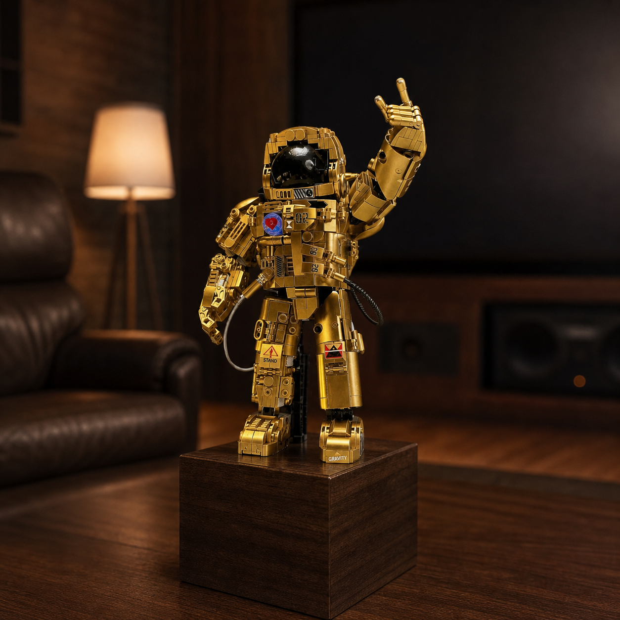 Model de cărămidă Golden Astronaut pe un piedestal de afișare din nuc